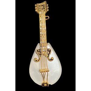 Brooch Pin Guitar Mother of Pearl Gold White Costume Jewelry Vintage